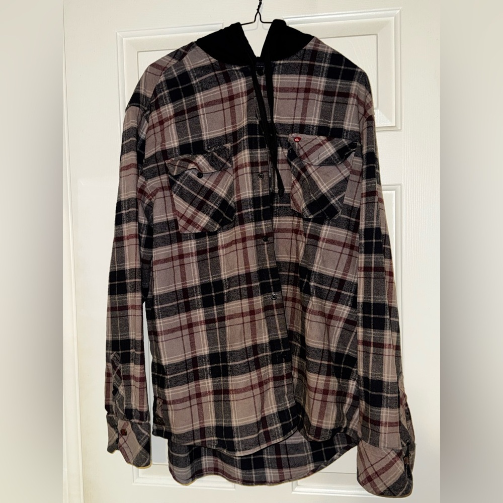 Quiksilver Black Hooded Plaid Shirt with Gray & Burgundy Accents